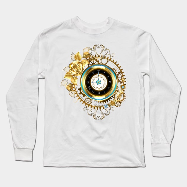 Steampunk Gold Clock with Gold Rose Long Sleeve T-Shirt by Blackmoon9